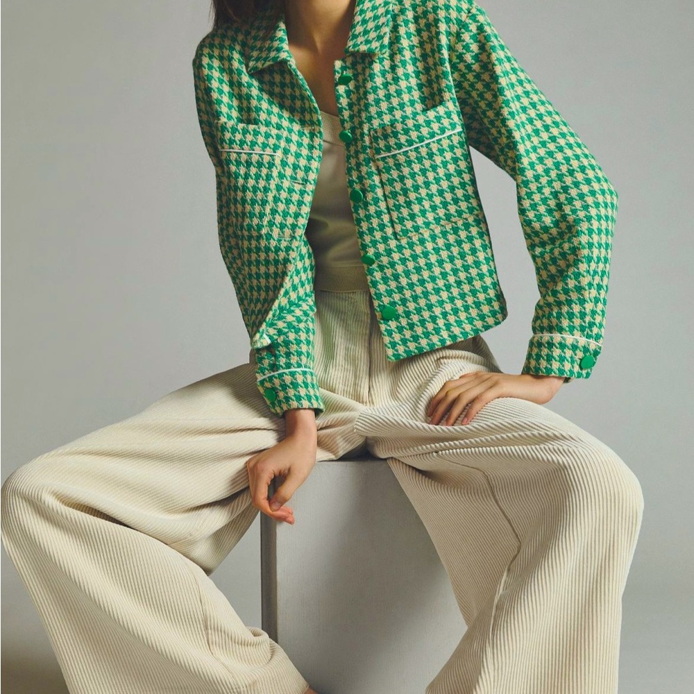 Anthropologie Green Houndstooth Cropped Jacket